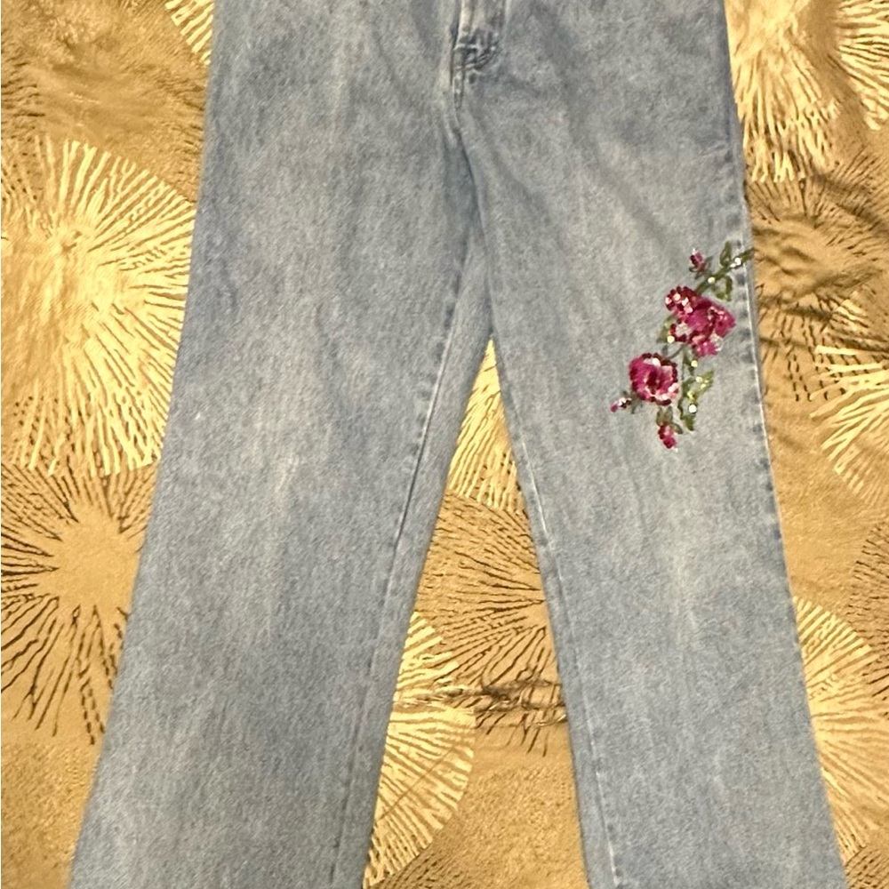 SQZ Vintage Floral Sequin Embroidered Blue Jeans